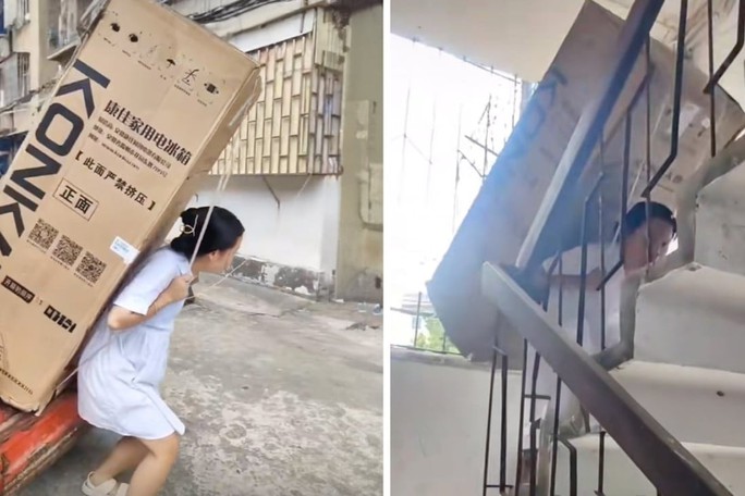 Trung Quốc: Nữ sinh cõng tủ lạnh giao hàng thay cha tàn tật