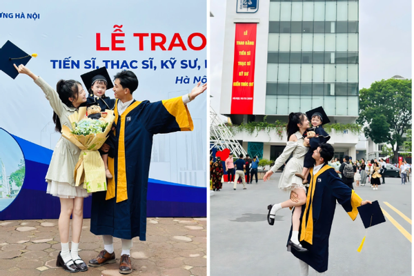 Chàng trai Hưng Yên bế vợ và con ở lễ tốt nghiệp, kể chuyện tình đẹp như mơ